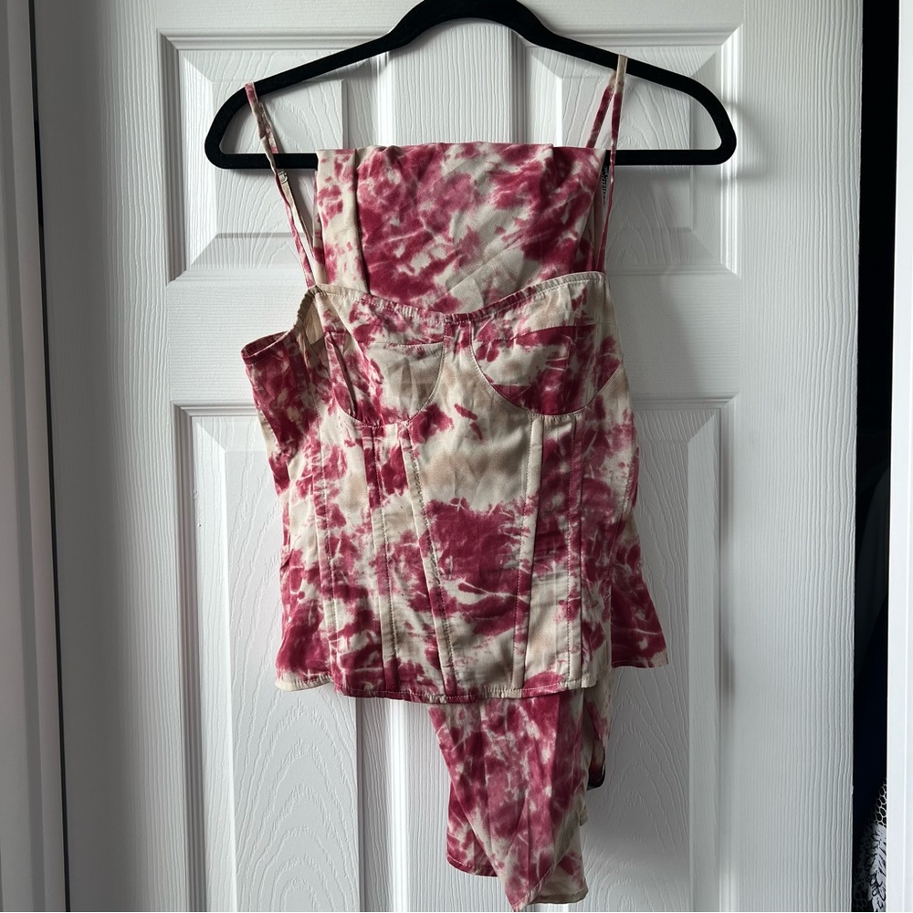 Pretty Little Things Fuchsia Tie Dye Print Structured Corset Top & midi skirt
